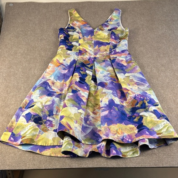 Maggy London High Low V-Neck Flare Purple/Yellow Floral Swing Dress Size 14 NWT - Picture 1 of 13